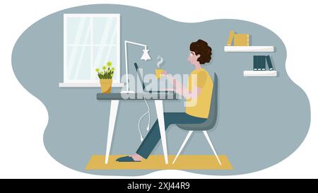 Vektor-Illustration eines jungen Mannes, der von zu Hause aus auf einem Computer arbeitet, isoliert auf einem weißen Hintergrund. Flaches Design für Remote-Arbeiten, freiberufliches Arbeiten, an Stock Vektor