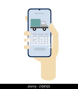 LKW auf dem Bildschirm des Mobiltelefons in den Händen auf weißem Hintergrund. Vektorabbildung in abgewickelter Form. Konzept für Frachtversand, Geschäft, Lieferung, Bestellung Stock Vektor