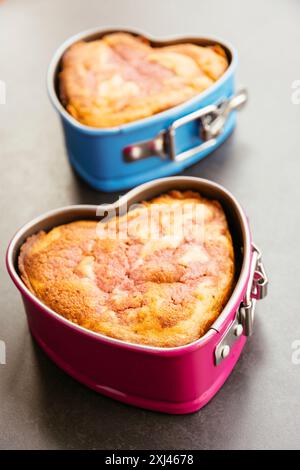 Zwei Erdbeer-Pfund-Kuchen in Springform-Pfannen, die auf einer Steinplatte ruhen. Stockfoto