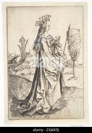 Zeigt die Heilige Ursula, die als Kupferstich des Monogrammisten MZ um 1500 geschaffen wurde und eine christliche heilige in der frühen deutschen Druckerei darstellt. Stockfoto