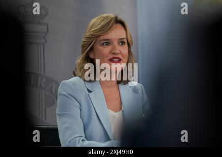 Madrid, Spanien. Juli 2024. Der spanische Minister für Bildung, Berufsbildung und Sport und Regierungssprecher Pilar Alegria spricht während einer Pressekonferenz nach dem Treffen des Ministerrates im Palast von Moncloa. Quelle: SOPA Images Limited/Alamy Live News Stockfoto