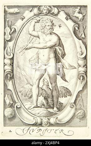 Kupferstich von Jacob Matham mit der mythologischen Figur Jupiter, entstanden zwischen 1571 und 1631, veröffentlicht im Illustrated Bartsch 4. Stockfoto