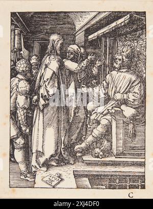 Holzschnitt von Albrecht Dürer, in dem Christus vor Herodes dargestellt wird und Figuren, Gesten, Architektur und Erzählelemente aus der Passionsreihe zeigt. Stockfoto