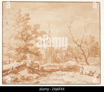 Landschaft mit Bäumen und einer Kirche Everdingen, Allaert van 1621 - 1675 Zeichnung der Zeichnungen von Allart van Everdingen: Ein vollständiger Katalog, einschließlich der Studien für „Reynard der Fuchs“, Alice I. Davies, omt. S. 144, C 39822, 2007 Landskab med træer og en kirke Stockfoto