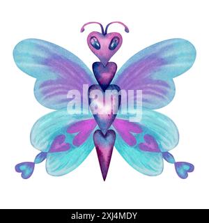 Lila, rosa und azurblaue Schmetterlinge, bestehend aus Herzelementen. Aquarellillustration für Vorlagenkarten, Poster, Einladungen zum valentinstag Stockfoto
