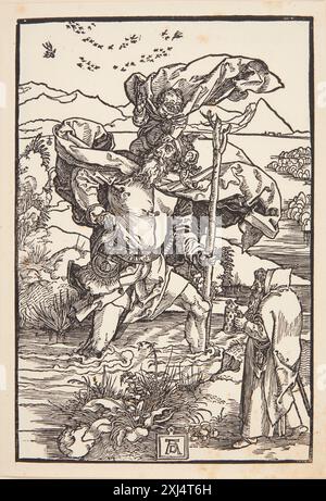 St. Christopher in der Wildnis mit Vogelflug Dürer, Albrecht 1471 - 1528 Holzschnitt, Print Dürer-Katalog: ein Handbuch über Albrecht Dürers Stiche, Radierungen, Holzschnitte, deren Zustände, Ausgaben und Wasserzeichen, Joseph Meder, Nr. 222 b, 11088, 1932. Albrecht Dürer: 1-2, Erwin Panofsky, Vol. II, Nr. 324, 16666, 1945. Albrecht Dürers Kupferstiche Radieungen Holzschnitte und Zeichnungen: unter besonderer Berücksichtigung der dazu verwandten Papiere und deren Wasserzeichen, B. Hausmann, Wasserzeichen Nr. 22a, 2413, 1861. Die Illustrierte Bartsch 10, Deutsche Künstler Des 16. Jahrhunderts Stockfoto