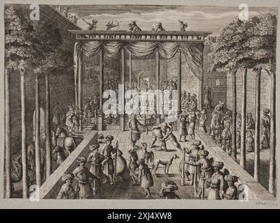 Kupferstich mit einem Bankett in einem orientalischen Innenhof mit Waldschützen und Männern, die von unbekannten dänischen und deutschen Künstlern erstellt wurden, Teil von Hollsteins deutschen Stichen, Radierungen und Holzschnitten 1400–1700, katalogisiert in dänischen Drucksammlungen. Stockfoto