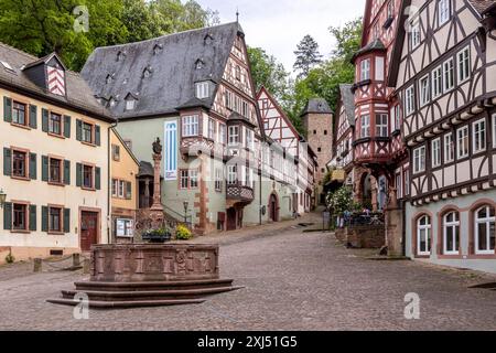 Marktplatz Miltenberg mit Marktbrunnen und prächtigen Fachwerkhäusern, Schnatterloch. Das Ensemble ist eines der meistfotografierten Stockfoto