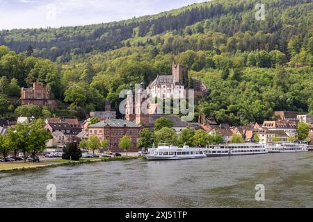 Blick über den Main auf die Burg und die Altstadt mit der Pfarrkirche St. James. Miltenberg, Niederfranken, Bayern, Deutschland Stockfoto