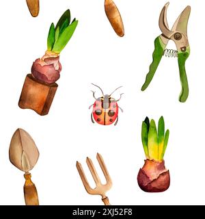 Nahtloses Muster zum Thema Gartenarbeit, Landwirtschaft, in Aquarell auf weißem Hintergrund gemalt. Es ist ideal für die Dekoration von Gardionzubehör Stockfoto