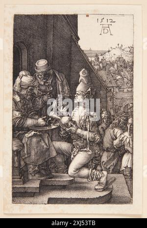 Ein Kupferstich von Albrecht Dürer, der Pontius Pilatus beim Händewaschen zeigt und die biblische Szene mit expressiven Figuren und architektonischem Hintergrund darstellt. Stockfoto