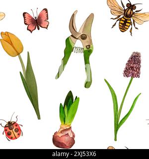 Nahtloses Muster zum Thema Gartenarbeit, Landwirtschaft, in Aquarell auf weißem Hintergrund gemalt. Es ist ideal für die Dekoration von Gardionzubehör Stockfoto