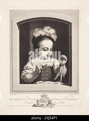Kupferstich eines Mädchens mit einer Puppe in einem Fenster von Thérèse Devaux (1750–1799), Bartolome Esteban Murillo (1618–1682) und Jacques Claude Danzel (1737–1809). Stockfoto