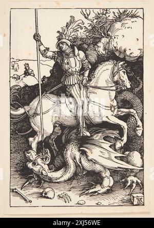 St. Georg Killing the Drache Dürer, Albrecht 1471 - 1528 Holzschnitt, Print Dürer-Katalog: ein Handbuch über Albrecht Dürers Stiche, Radierungen, Holzschnitte, deren Zustände, Ausgaben und Wasserzeichen, Joseph Meder, Nr. 225 b, 11088, 1932. Albrecht Dürer: 1-2, Erwin Panofsky, Vol. II, Nr. 331, 16666, 1945. Albrecht Dürers Kupferstiche Radieungen Holzschnitte und Zeichnungen: unter besonderer Berücksichtigung der dazu verwandten Papiere und deren Wasserzeichen, B. Hausmann, Wasserzeichen Nr. 22a, 2413, 1861. Die Illustrationen Bartsch 10, deutsche Künstler des 16. Jahrhunderts, Albrecht Dürer: Albrecht D Stockfoto