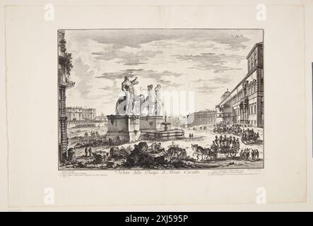 Blick auf die Piazza del Quirinale (Piazza di Monte Cavallo), Rom, mit dem Quirinalpalast auf der rechten Seite, den Statuen der Pferdezähner (Castor und Pollux) im Zentrum, und aufwendige Kutschen Piranesi, Giovanni Battista 1720 - 1778, Piranesi, Francesco 1754 - 1810 Gravur, Print Giovanni Battista Piranesi, Henri Focillon, Nr. 808, 40762, 1967. Giovanni Battista Piranesi: The complete Radiings, John Wilton-Ely, Nr. 142, 55434, 1994. Giovanni Battista Piranesi: Eine kritische Studie mit einer Liste seiner veröffentlichten Werke und detaillierten Katalogen der Gefängnisse und der Ansichten Roms, Arthur M. Hind, Stockfoto