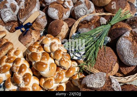 Verschiedene Brotsorten, Brote, Bauernbrot, Hefegeflecht mit Dekoration, Baden-Württemberg, Deutschland Stockfoto