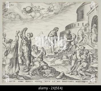 Kupferstich von Johannes Wierix, Maarten van Heemskerck und Claes Jansz Visscher, der einen Mann zeigt, der um Vergebung bittet und Schuldner verzeiht, um christliche Morallehre zu illustrieren. Stockfoto