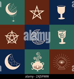 Set aus magischen Symbolen, himmlisches nahtloses Muster. Astrologische, magische und esoterische Symbole. Stock Vektor
