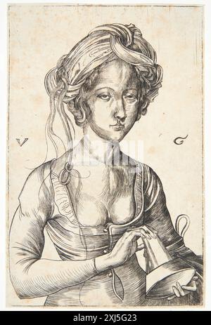Stellt eine der törichten Jungfrauen aus einem biblischen Gleichnis dar, der als Kupferstich von Urs Graf geschaffen wurde und die frühdeutsche religiöse Druckerei illustriert. Stockfoto