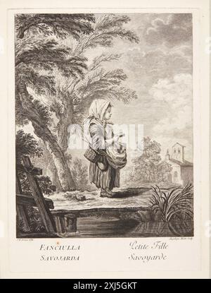 Lille Pige Fra Savoyen Moitte, Rose Angélique 1765 - 1790, Greuze, Jean-Baptiste 1725 - 1805, Moitte, Pierre Etienne 1722 - 1780 Etching, Print Manuel de l'Amateur d'estampes, Charles Le Blanc, bd. III, S. 34, Nr. 12-36, C 35580, 1854-[1890]. Oeuvre de J.-B. Greuze: Catalog raisonné suivi de la liste des gravures executées après ses ouvrages, Jean Martin, S. 111, Nr. 3, 3800, 1908 Lille pige fra Savoyen (Petite fille Savoyarde) Stockfoto