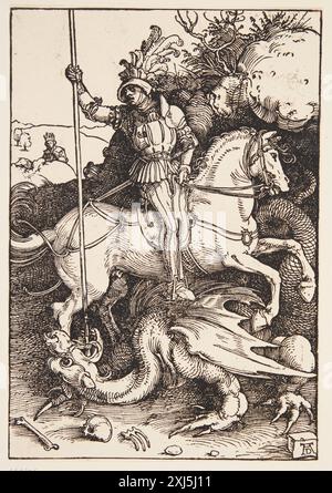 St. Georg Killing the Drache Dürer, Albrecht 1471 - 1528 Holzschnitt, Print Dürer-Katalog: ein Handbuch über Albrecht Dürers Stiche, Radierungen, Holzschnitte, deren Zustände, Ausgaben und Wasserzeichen, Joseph Meder, Nr. 225 b, 11088, 1932. Albrecht Dürer: 1-2, Erwin Panofsky, Vol. II, Nr. 331, 16666, 1945. The Illustrated Bartsch 10, 16. Jahrhundert deutsche Künstler, Albrecht Dürer: Albrecht Dürer, Walter L. Strauss, 111, C 36179, 1980. Albrecht Dürer: das druckgraphische Werk, Rainer Schoch, Vol. II, Nr. 138, k2004-216, 2001-2004 St. Georg tötet den Drachen Stockfoto