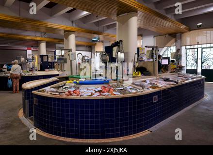 Fischtheke, frischer Fisch, Ausstellung von frischem Fisch, Markthalle, Mercado Municipal de Lagos, Lagos, Algarve, Portugal Stockfoto