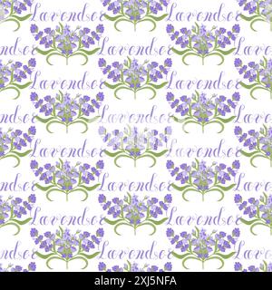 Lavendel. Nahtloses Muster mit Blumen und dem kalligraphischen Wort Lavendel auf transparentem Hintergrund. Vektorabbildung. Stock Vektor