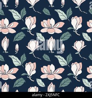 Nahtloses Vektor-Muster mit Magnolienblume Silhouette in weicher Pastellfarbe auf blauem Hintergrund. Blütenknospen in verschiedenen Formen für Hochzeitsdesign Stock Vektor