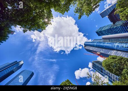 Verschiedene Hochhäuser und Wolkenkratzer mit einer zentralen Cumuluswolke unter blauem Himmel aus Froschperspektive in der Taunusanlage in Stockfoto