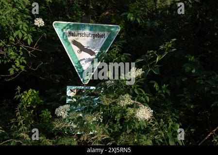 Ein Schild, das auf ein Naturschutzgebiet hinweist, umgeben von üppig grünen Pflanzen, Deutschland Stockfoto