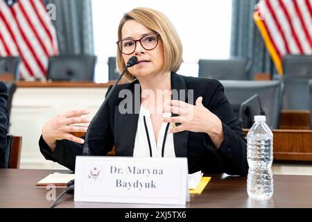 Washington, District of Columbia, USA. Juli 2024. MARYNA BAYDYUK, Präsidentin und Exekutivdirektorin von United Help Ukraine, sprach bei einem Briefing, das von der Kommission für Sicherheit und Zusammenarbeit in Europa (auch bekannt als Helsinki-Kommission der USA) zum Thema „Russlands Ökozid in der Ukraine: Environmental Destruction and the need for Accountability“ im US Capitol in Washington, DC (Credit Image: © Michael Brochstein/ZUMA Press Wire) NUR REDAKTIONELLE VERWENDUNG! Nicht für kommerzielle ZWECKE! Stockfoto