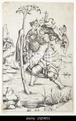 Dieser Kupferstich von Israhel van Meckenem zeigt den Heiligen Christoph, der das Christuskind über einen Fluss trägt. Die Komposition betont Bewegung, Schutzgesten und religiösen Symbolismus. Stockfoto