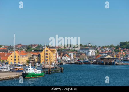 Maritimes Svendborg, Stadtbild, Hafen, Bootsanleger, historisches Lagerhaus, Großer Gürtel, Ostsee, Fünen, Fünen, Dänemark Stockfoto