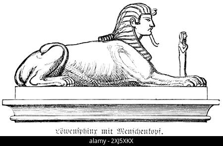 Altägyptische Sphinx, Löwensphinx mit menschlichem Kopf liegend, historische Illustration 1880, Orient Stockfoto