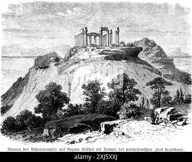 Ruinen des Tempels von Athena auf der Insel Ägina, Berge, Mittelmeer, Landschaft, Griechen in der Antike, historische Illustration ca. 1890 Stockfoto