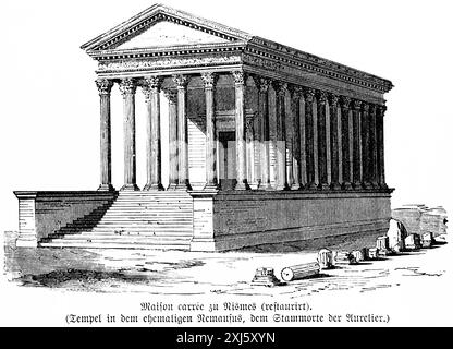 Tempel Maison Carree in Nimes, Frankreich, UNESCO-Weltkulturerbe, Säulen, Stufen, Römisches Reich, historische Illustration 1880 Stockfoto