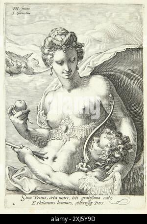 Kupferstich von Jan Saenredam nach Hendrick Goltzius mit Venus und Amor. Der Druck zeigt die römische Göttin und Cupid mit klassischem Symbolismus, typisch für niederländische Stiche des späten 16. Und frühen 17. Jahrhunderts. Stockfoto