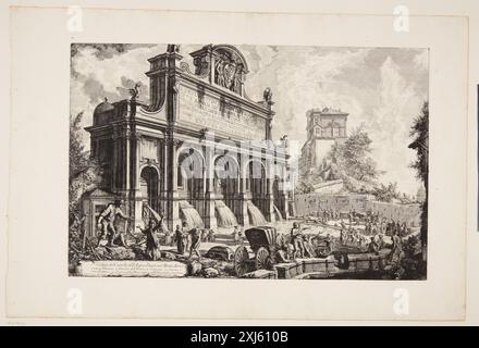 Blick auf den Brunnen der Acqua Paola auf dem Monte Aureo, Rom, mit dem Casino Farnese und der Kuppel des Petersdoms in der Ferne Piranesi, Giovanni Battista 1720 - 1778, Piranesi, Francesco 1754 - 1810 Gravur, Print Giovanni Battista Piranesi, Henri Focillon, Nr. 736, 40762, 1967. Giovanni Battista Piranesi: The complete Radiings, John Wilton-Ely, Nr. 174, 55434, 1994. Giovanni Battista Piranesi: Eine kritische Studie mit einer Liste seiner veröffentlichten Werke und detaillierten Katalogen der Gefängnisse und der Ansichten Roms, Arthur M. Hind, S. 31-73; 78 og 82, Nr. 21 II, 8013, 1922 Ansicht von Stockfoto