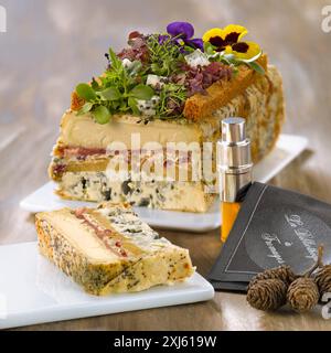 Roquefort, Bleu des Causses und Pérail Terrine Stockfoto