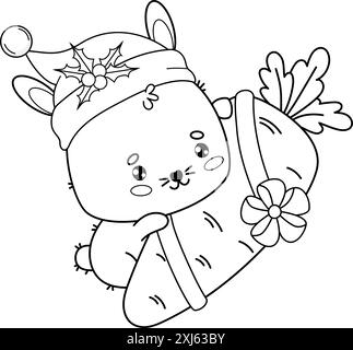 Weihnachtskaninchen mit Weihnachtsmütze mit Geschenk großer Karotte. Skizzieren Sie die festliche kawaii-Tierfigur in Cartoon. Linienzeichnung, Malbuch. Vektorabbildung. Stock Vektor