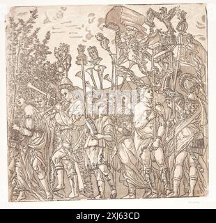 Musiker und Männer, die Standards tragen Andreani, Andrea 1558 - 1629, Mantegna, Andrea 1429 - 1506, Malpizzi, Bernardo 1553 - 1623 Chiaroscuro Holzschnitt, Print the Illustrated Bartsch 48, italienische Chiaroscuro Holzschnitte, Caroline Karpinski, S. 164, 11.8, C 36237, 1983 Musikanter og mænd, der bærer standarter Stockfoto