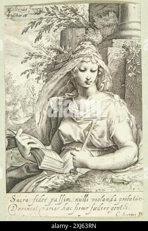Kupferstich von Jacob Matham, Hendrick Goltzius und Claes Jansz Visscher zur Illustration des Glaubens (Tro), mit allegorischen Figuren in der niederländischen und flämischen Druckerei des 17. Jahrhunderts. Stockfoto