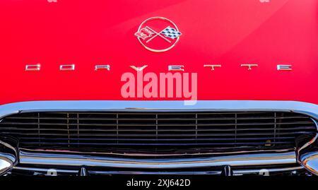 Rote 1962 Chevrolet Corvette Cabriolet Motorhaube und Kühlergrill, Corvette Markenname, Logo, Emblem, Emblem Stockfoto