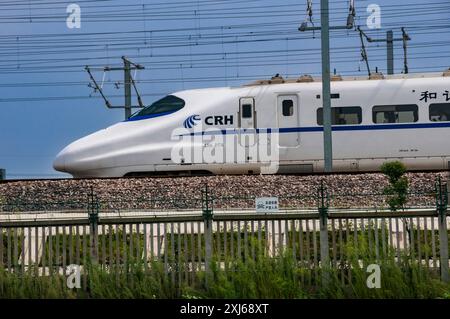 Eine chinesische CRH 2 A Bullet Train auf dem Japanischen E2 South Station Shinkansen Ansätze Jiaxing, Zhejiang, China. Stockfoto