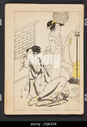 Geisha bereitet Unterhaltung vor (Prägung von Konturstab und gelbem Stock) Chōbunsai Eishi 1756 - 1829 Kollotypie, Druckkatalog japanischer Drucke und illustrierter Bücher in der dänischen Nationalgalerie, Tsuda, Mayumi, S. 192, Nr. 15, 2018 Geishaer Vorläufer Underholdning (aftryk fra konturstok og gul stok) Stockfoto