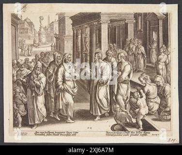 Dieser Kupferstich von Adriaen Collaert nach Jan van der Straet und Philips Galle zeigt die Blendung des Elymas und veranschaulicht die niederländische und flämische religiöse Erzählung und Wunderszene des 16. Jahrhunderts. Stockfoto