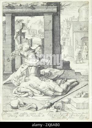 Kupferstich von Jan Saenredam nach Lucas van Leyden, in dem Jael Sisera tötet. Die Komposition zeigt Figuren in einem Zelt und veranschaulicht die biblische Darstellung der Richter mit Elementen der Strategie und des entschlossenen Handelns. Stockfoto