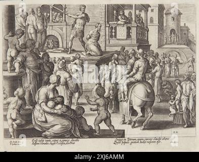 Kupferstich mit der Enthauptung des heiligen Jakobswegs, erstellt von Adriaen Collaert, Jan van der Straet und Philips Galle, mit einer biblischen Hinrichtungsszene. Stockfoto