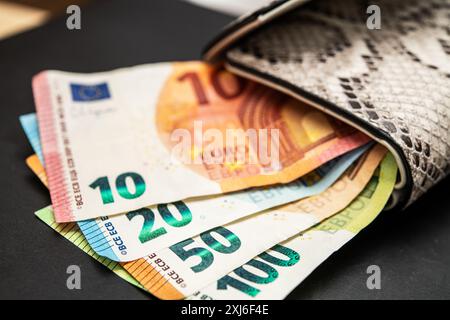 Detaillierte Ansicht der farbenfrohen Euro-Banknoten, die aus einer exotischen Ledergeldbörse ragen, auf einer dunklen Oberfläche angeordnet. Das Bild erfasst die leuchtenden Farben A Stockfoto