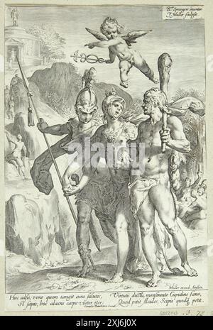 Herakles mit Mars, Minerva und Amor zeigen den felsigen Weg zum Tempel des unsterblichen Mullers, Jan Harmensz. 1571 - 1628, Spranger, Bartholomeus 1546 - 1611, Danckerts I, Cornelis 1603 - 1656 Kupferstich, Druck der Neuhollstein Niederländisch- und Flämische Radierungen, Stiche und Holzschnitte 1450-1700, die Müller-Dynastie, Teil I-III, Jan Piet Filedt Kok, 72 (Tilstand ikke omtalt), k1999-249, 1999. The Illustrated Bartsch 4, Dutch Artists, Matham, Saenredam, Muller, Walter L. Strauss, 72, C 36168, 1980 Herakles med Mars, Minerva og Amor, der viser den stenede vej til de udødeliges tempel Stockfoto